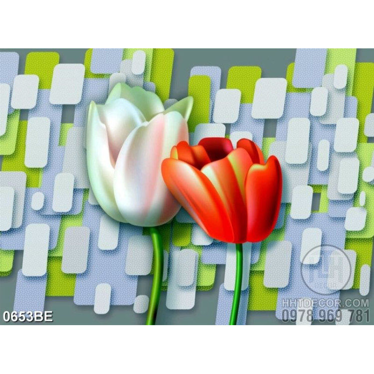 Tranh in hoa tulip trên tường nhà bếp