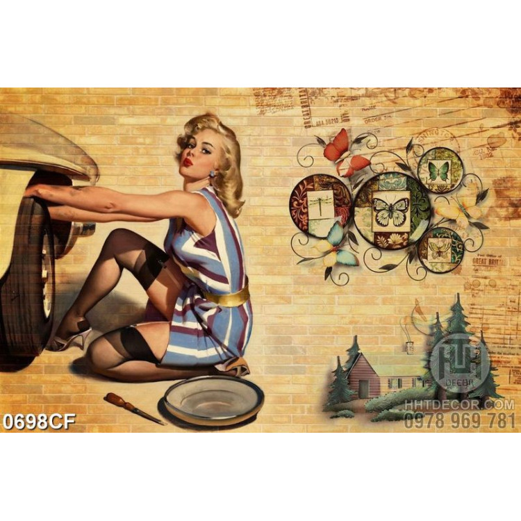 Tranh mỹ nữ ngồi bên tường quán cà phê