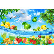 Tranh trái cây tươi trên biển xanh dán tương bếp