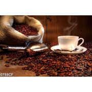 Tranh tách cà phê nóng bên bao tải hạt cà phê