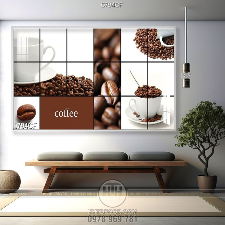 Tranh bức tường ô vuông ghép logo hạt cà phê