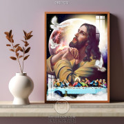 Tranh công giáo chúa Jesus bên bồ câu trắng in uv
