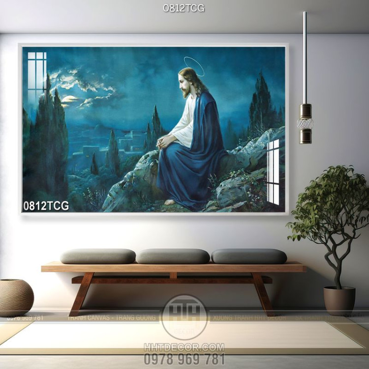 Tranh công giáo 3d chúa Jesus ngồi trong đêm trăng 