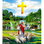 Tranh công giáo chúa Jesus bên đàn cừu trắng bé nhỏ