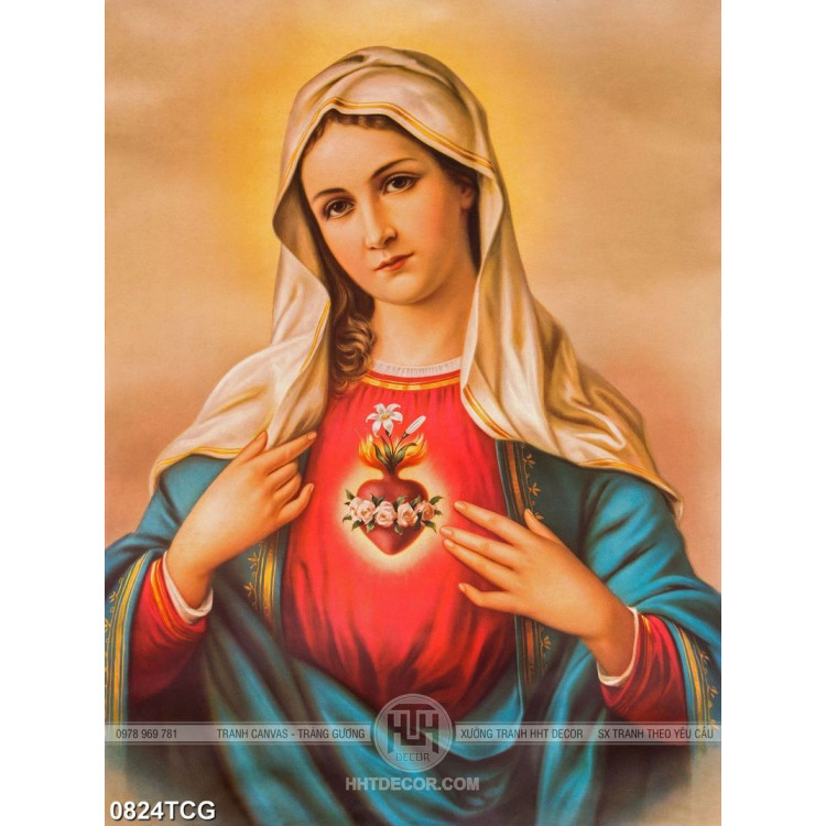 Tranh công giáo in uv trái tim đỏ của đức mẹ Maria