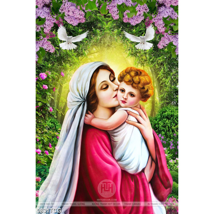 Tranh công giáo đức mẹ Maria bên hài nhi nhỏ in canvas
