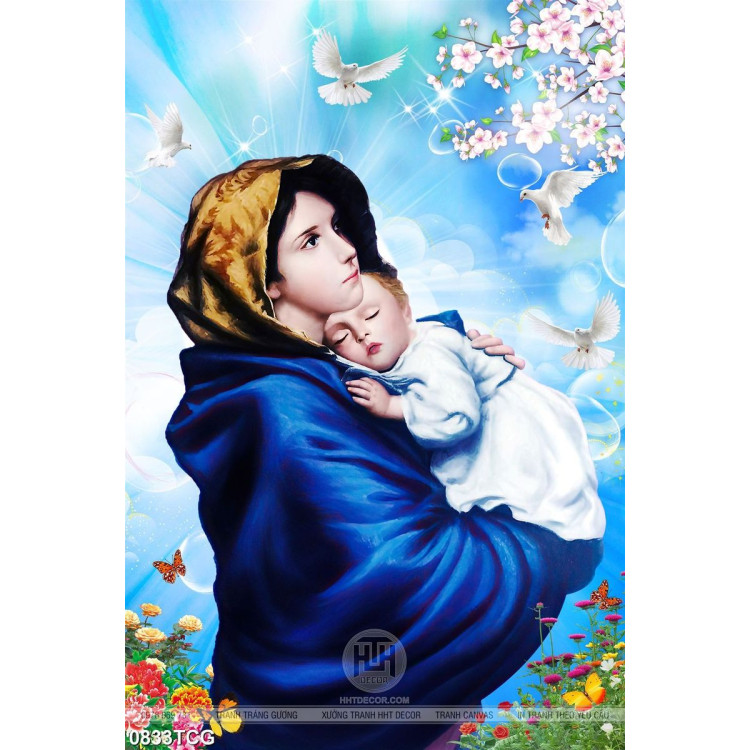 Tranh công giáo đức mẹ Maria và hài nhi bên bồ câu trắng