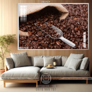 Tranh hạt cà phê phủ đầy trên bàn gỗ in uv