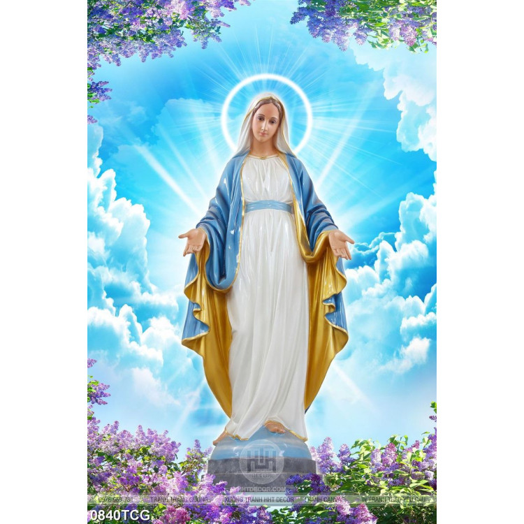 Tranh công giáo đức mẹ Maria trên bầu trời trong xanh