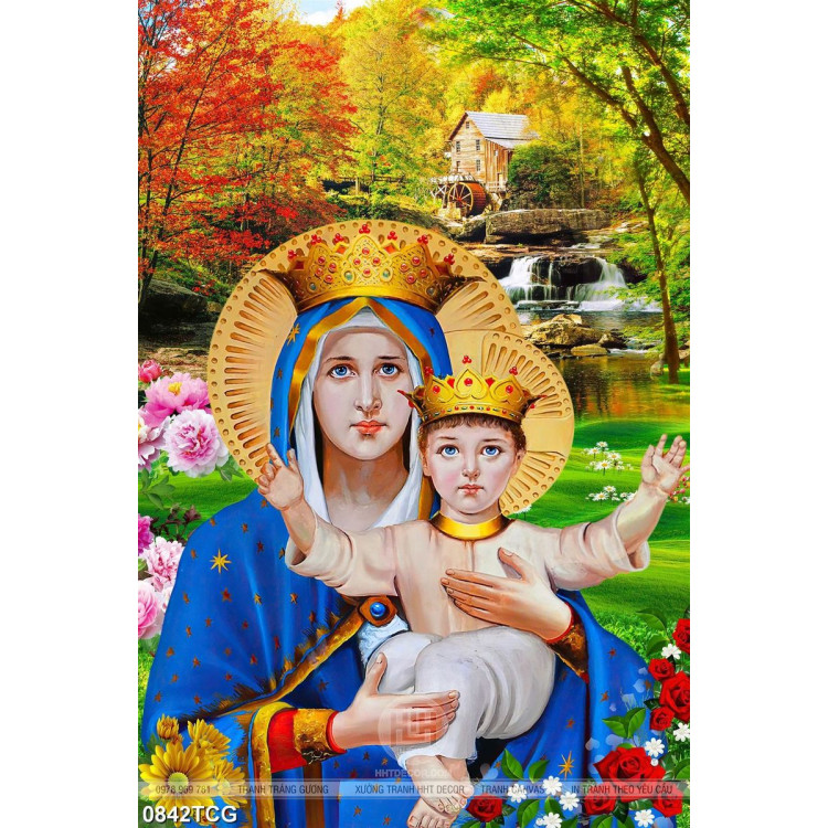 Tranh công giáo 3d đức mẹ Maria và hài nhi bên cong thác