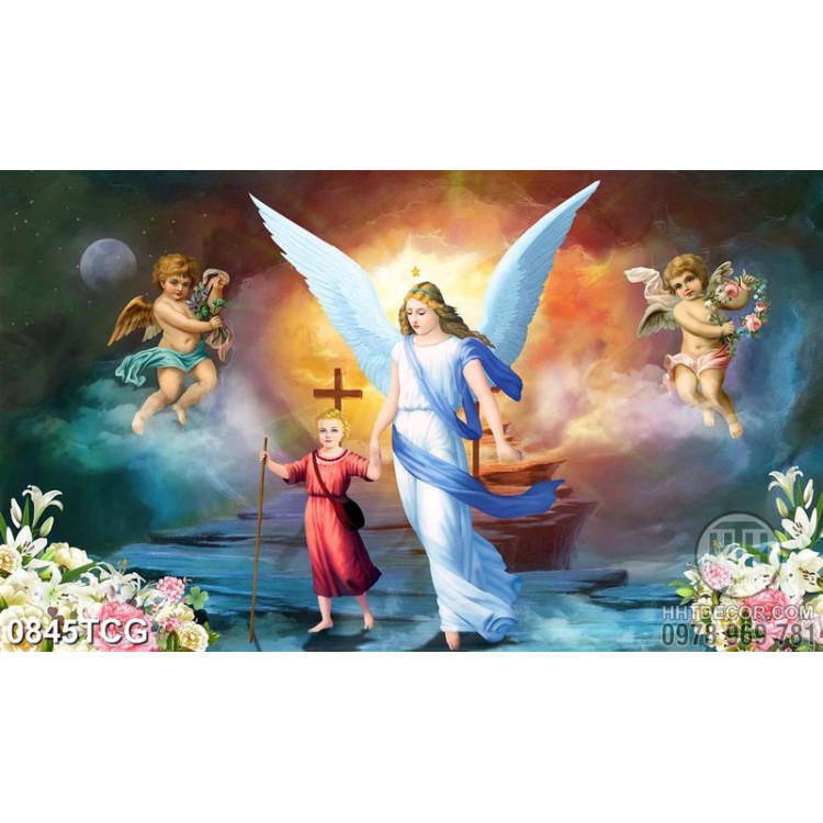 Tranh công giáo những thiên thần bé nhỏ bên đức mẹ