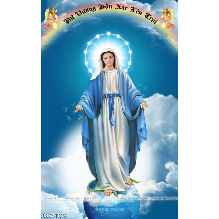 Tranh công giáo đức mẹ Maria trên bầu trời xanh in canvas