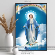 Tranh công giáo đức mẹ Maria trên bầu trời xanh in canvas