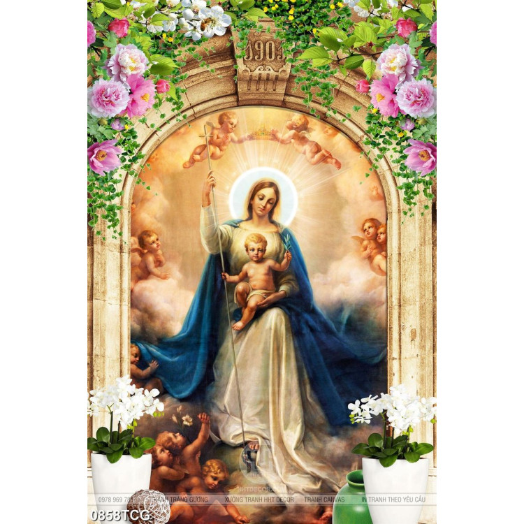 Tranh công giáo 3d đức mẹ Maria bên những hài nhi nhỏ
