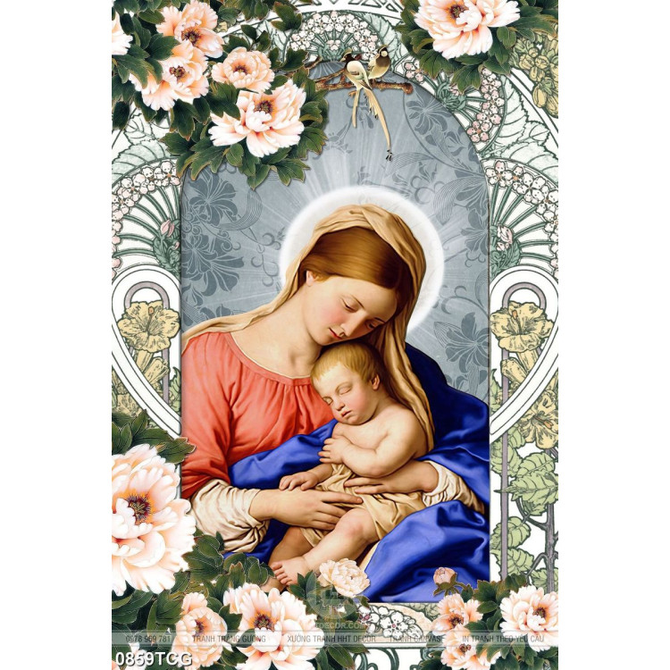 Tranh công giáo đức mẹ Maria bên hài nhi nhỏ in canvas