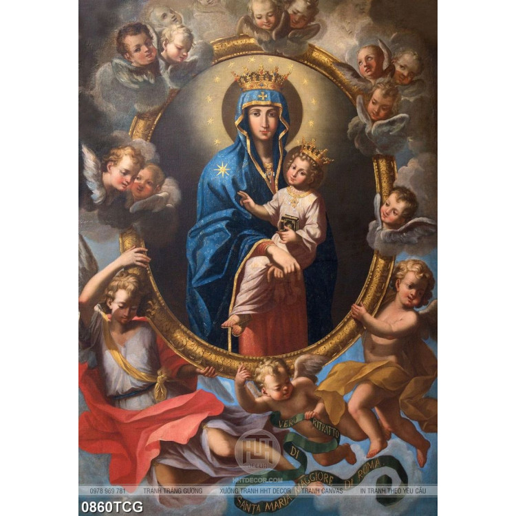 Tranh công giáo in uv đức mẹ Maria bên những thiên thần
