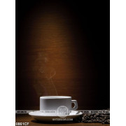 Tranh làng khói trắng ly cà phê tỏa bên tường gỗ