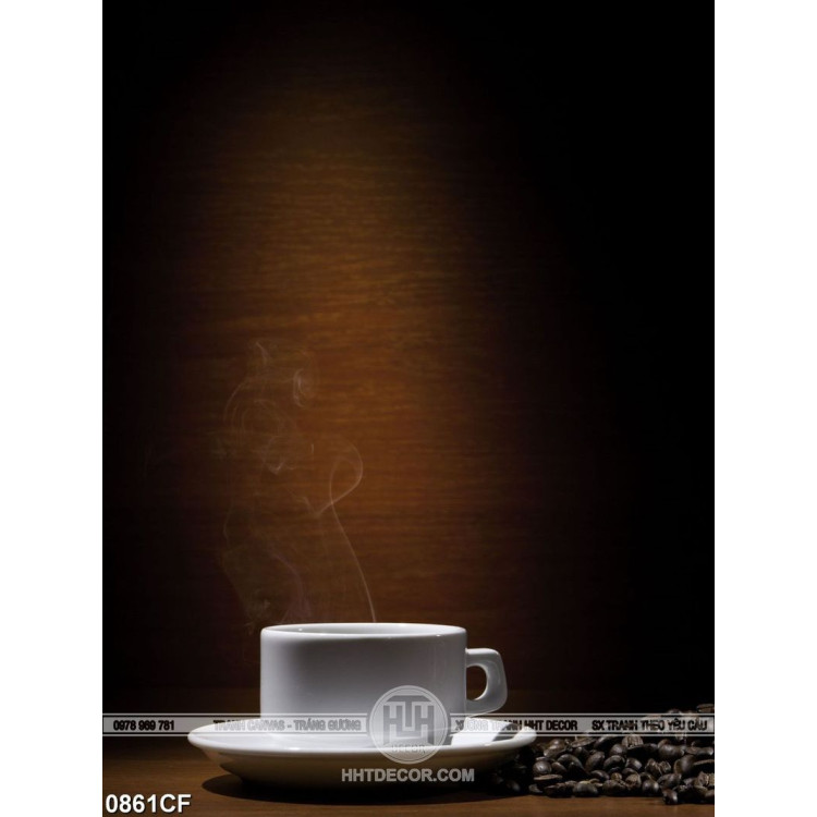 Tranh làng khói trắng ly cà phê tỏa bên tường gỗ