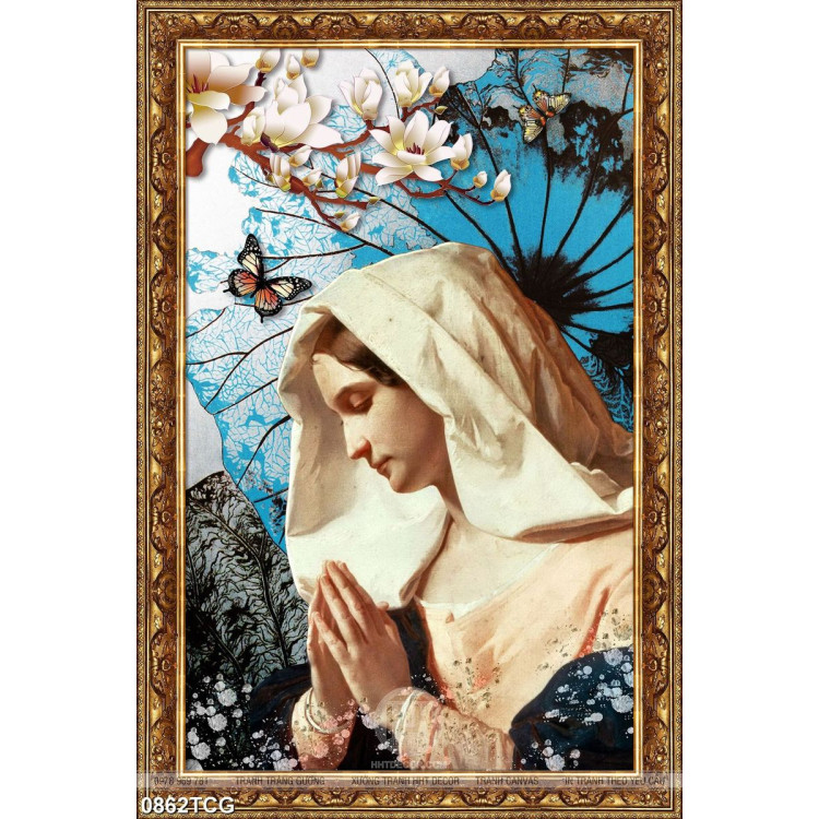 Tranh công giáo đức mẹ Maria đang cầu nguyện bên hoa