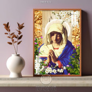 Tranh công giáo đức mẹ đang cầu nguyện bên hoa in uv