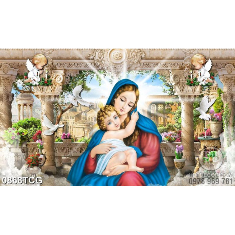 Tranh công giáo đức mẹ Maria bên hài nhi treo tường