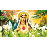 Tranh công giáo đức mẹ Maria bên vườn hoa ly trắng psd