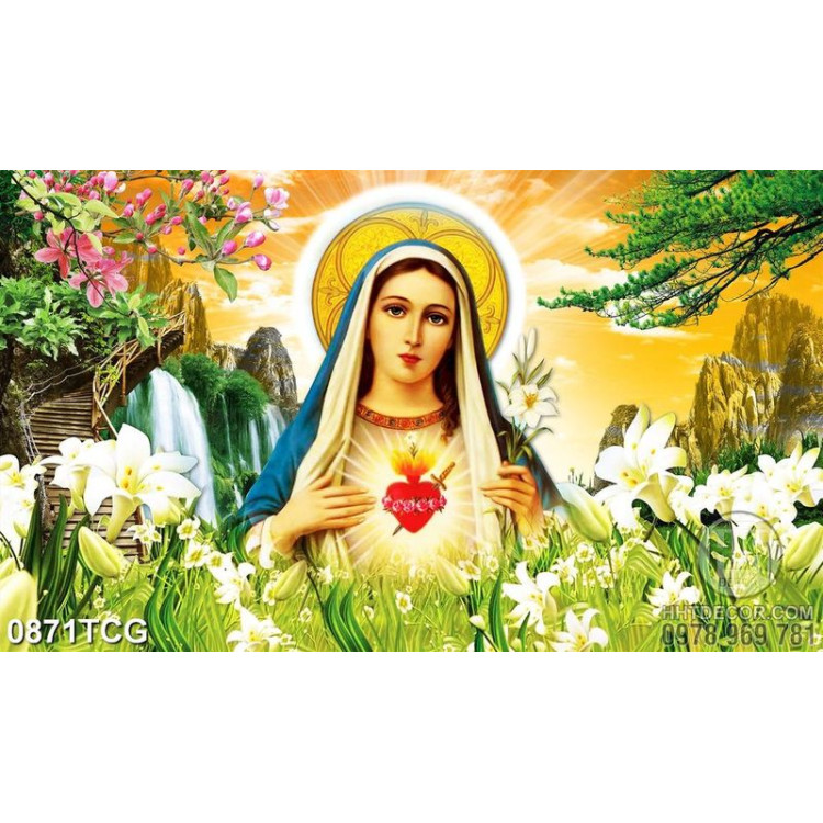 Tranh công giáo đức mẹ Maria bên vườn hoa ly trắng psd