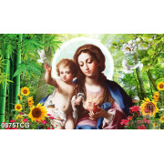 Tranh công giáo psd đức mẹ và babby bên vườn hoa
