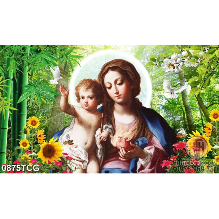 Tranh công giáo psd đức mẹ và babby bên vườn hoa