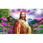 Tranh công giáo chúa Giêsu trong rừng xanh đầy hoa tím