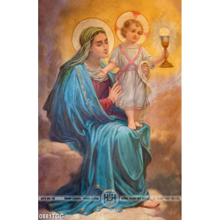 Tranh công giáo psd đức mẹ Maria và hài nhi bên ngọn đèn
