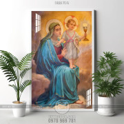Tranh công giáo psd đức mẹ Maria và hài nhi bên ngọn đèn