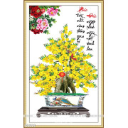 Tranh bonsai hoa mai chữ thư pháp đẹp
