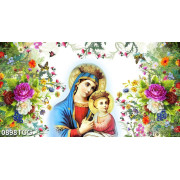 Tranh công giáo 3d mẹ Maria và babby bên vườn hoa