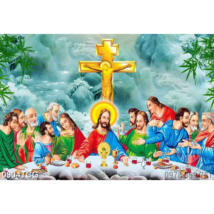 Tranh công giáo tiệc bàn ly của thánh đồ bên cây thánh giá