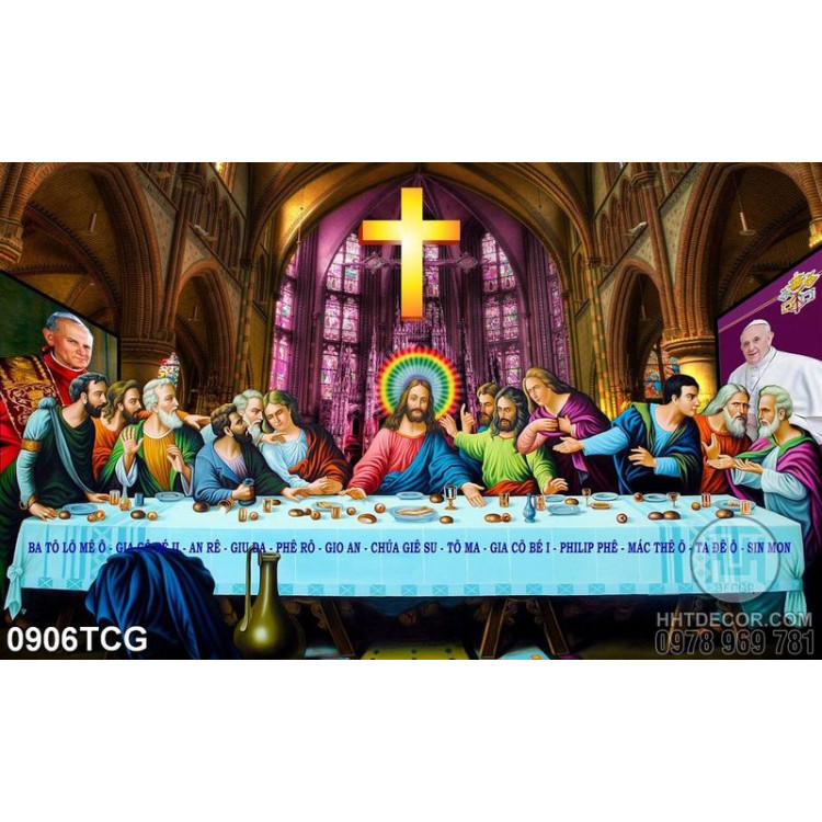Tranh công giáo tiệc bàn ly của các thánh đồ dán tường