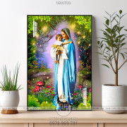 Tranh công giáo đức mẹ Maria bế hài nhi trong rừng 3d