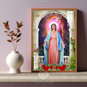 Tranh công giáo mẹ Maria và vườn hoa hồng treo tường