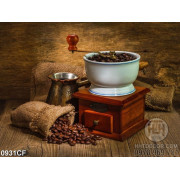 Tranh cối xay những hạt cà phê trên bàn
