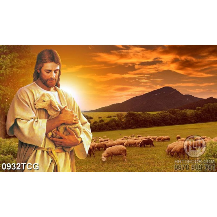 Tranh công giáo chú cừu non nằm trong lòng chúa Jesus