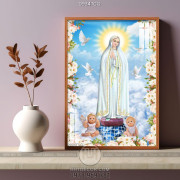 Tranh công giáo hai thiên thần bé nhỏ bên đức mẹ Maria
