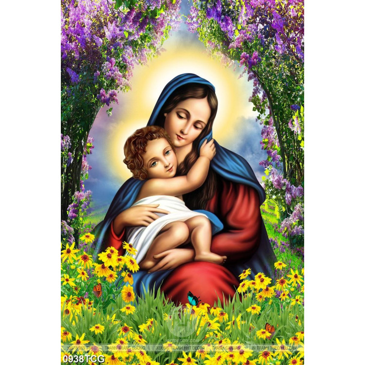 Tranh công giáo đức mẹ Maria bế hài nhi trên đồng hoa 