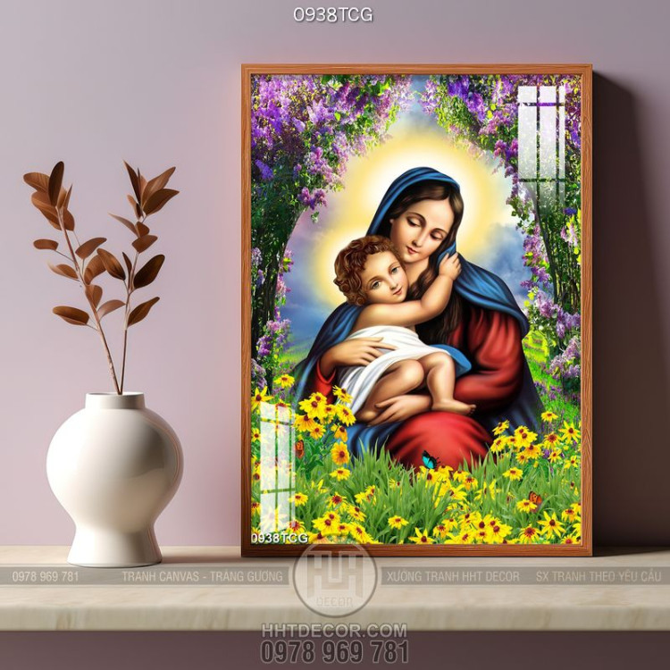 Tranh công giáo đức mẹ Maria bế hài nhi trên đồng hoa 