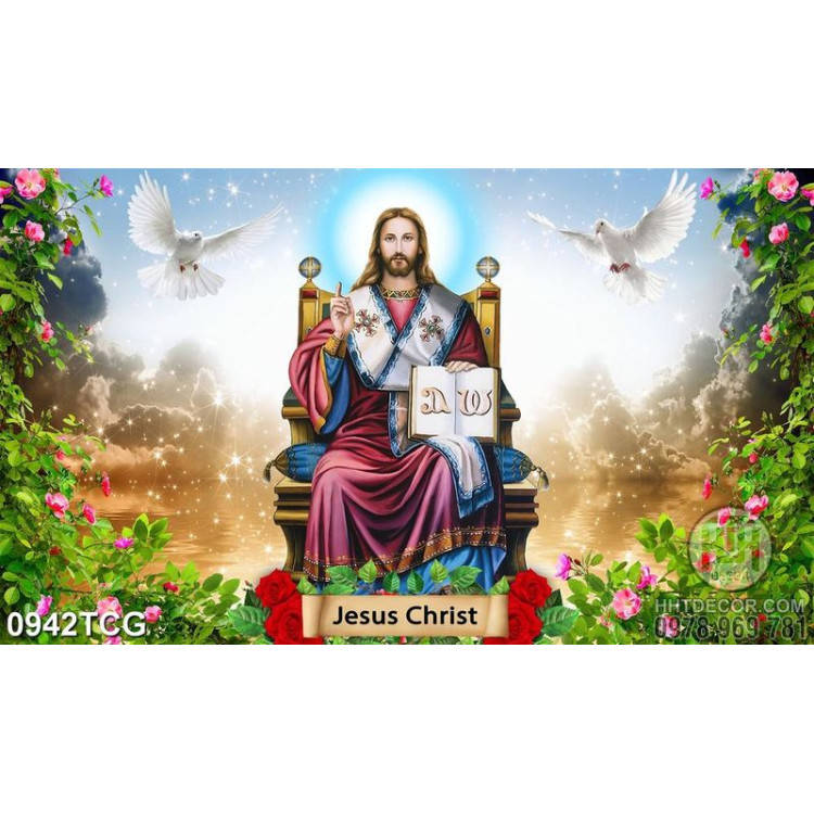 Tranh công giáo chúa Jesus bên vườn hoa hồng in uv