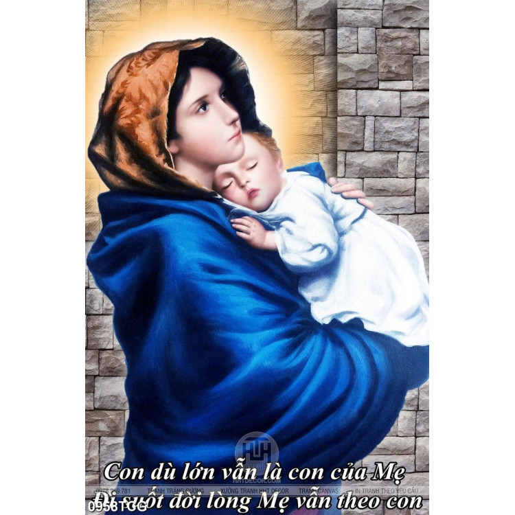 Tranh công giáo 3d mẹ Maria bế hài nhi mắt nhìn xa xăm