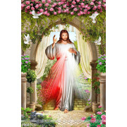 Tranh công giáo chúa Giêsu và bồ câu trắng bên hoa hồng