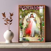 Tranh công giáo chúa Giêsu và bồ câu trắng bên hoa hồng