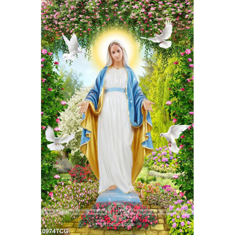 Tranh công giáo 3d đức mẹ Maria bên vườn hoa hồng thắm
