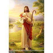 Tranh công giáo chú cừu non nằm trong lòng của chúa Jesus