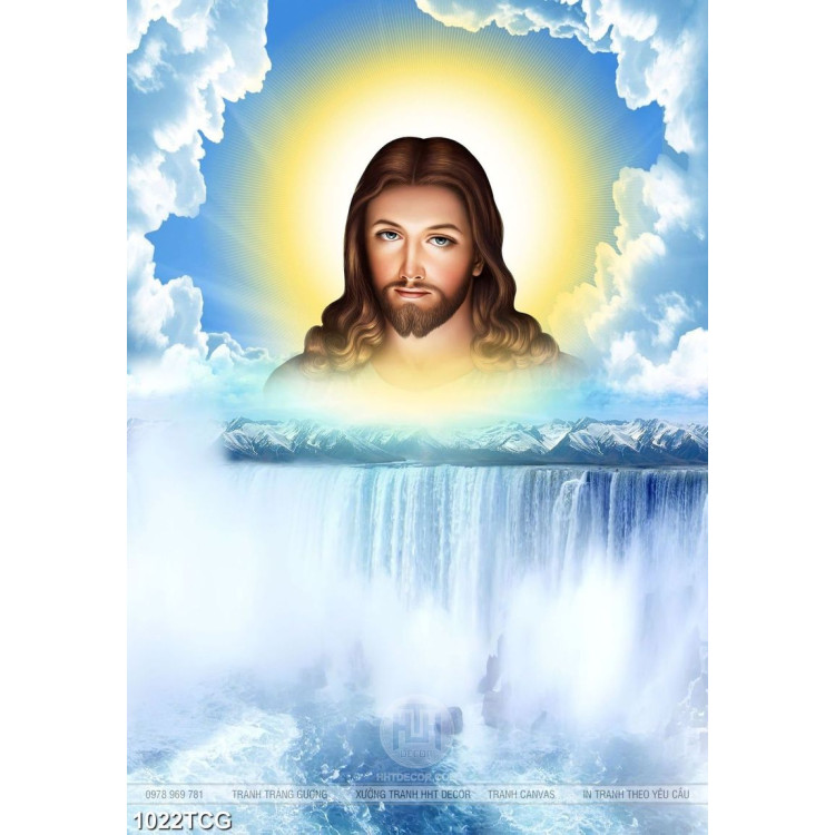 Tranh công giáo chúa Giêsu hiện hữu bên dòng thác lớn 